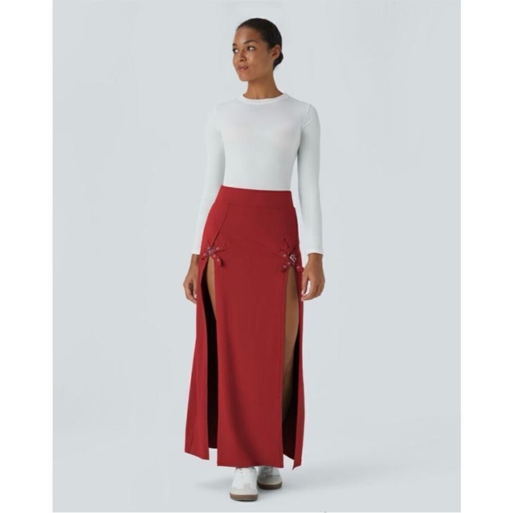 NWOT Halara Women’s High Waisted Decorative Buckle Slit 2-In-1 Maxi Skirt